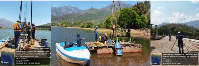 Drilling from a raft on a reservoir
